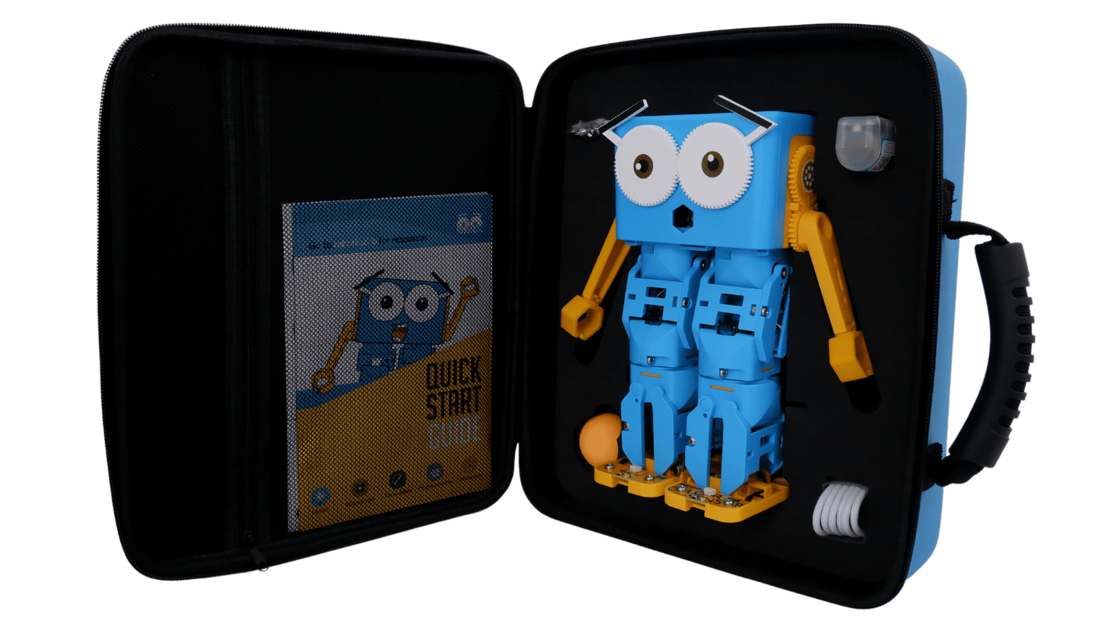 Open Marty the robot storage box Open box with Marty the robot on right and quick start guide on left