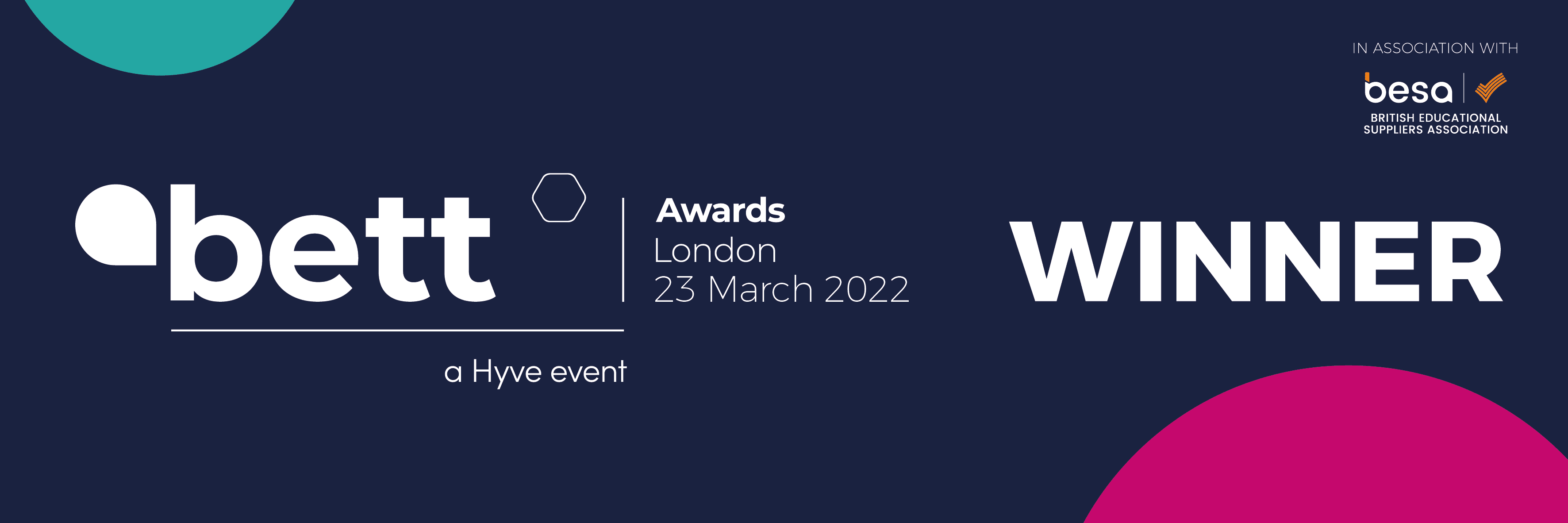 Bett 2022 winner banner Navy blue background with white text stating "bett awards winner, London, 23 March 2022