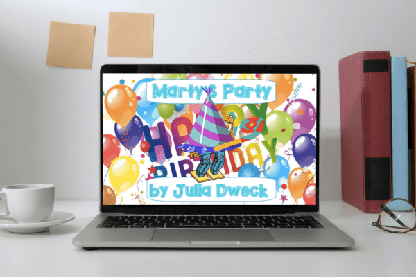 Marty's Party Jamboard Open laptop with screen displaying "Marty's Party" Jamboard
