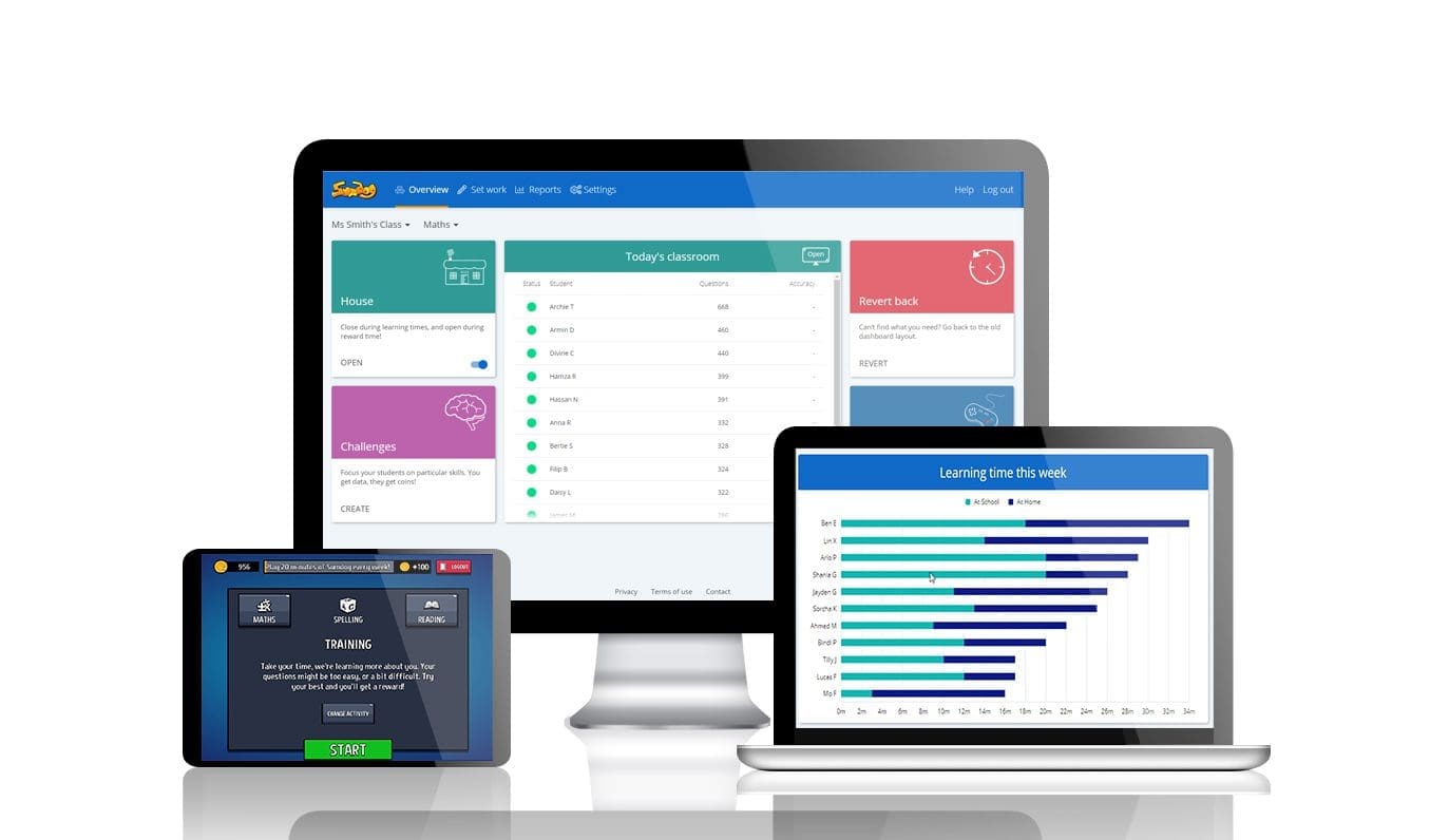 A desktop, laptop and iPad displaying Sumdog's lessons