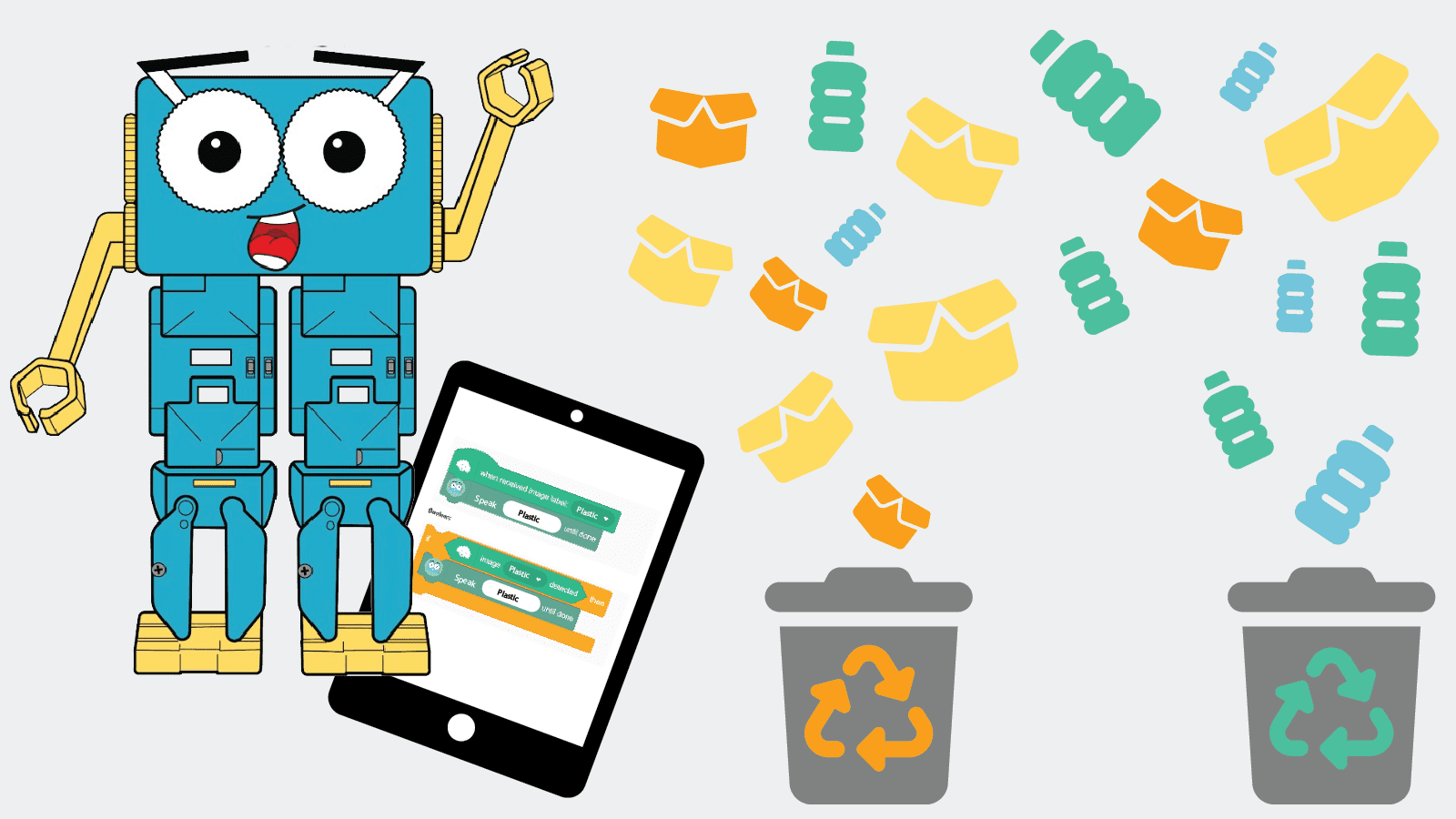 A graphic showing Marty the Robot using AI to sort recyclables