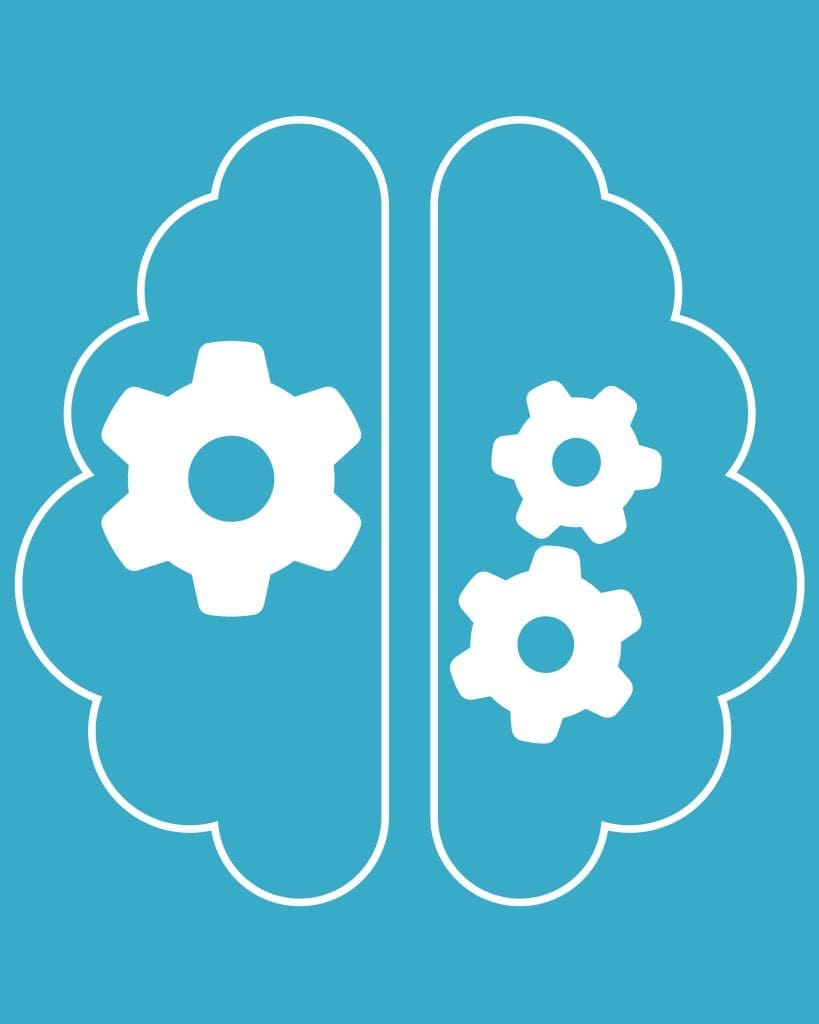 A cartoon of a brain with cogs inside, depicting machine learning.