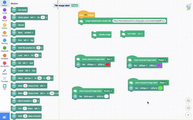 MartyBlocks with Teachable Machine Code A gif showing MartyBlocks code intergrating the Teachable machine model.